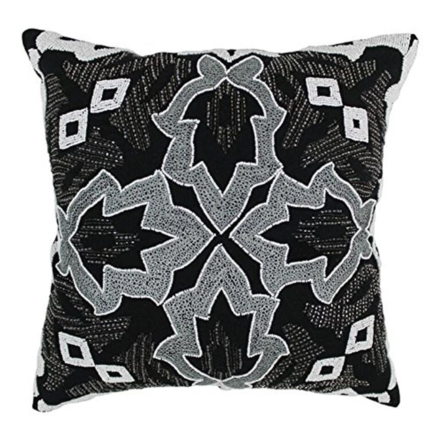 Black and White Beaded Floral Square Throw Pillow