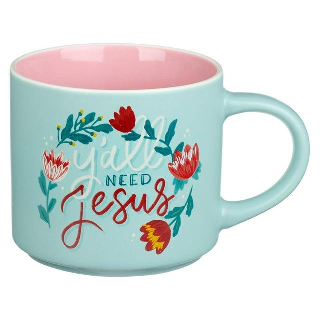 Bless Your Soul XL Blue Coffee Mug Y'all Need Jesus, Funny Birthday Gifts for Women/Men, Co-worker, Retro-Inspired Designs - 15oz Cup