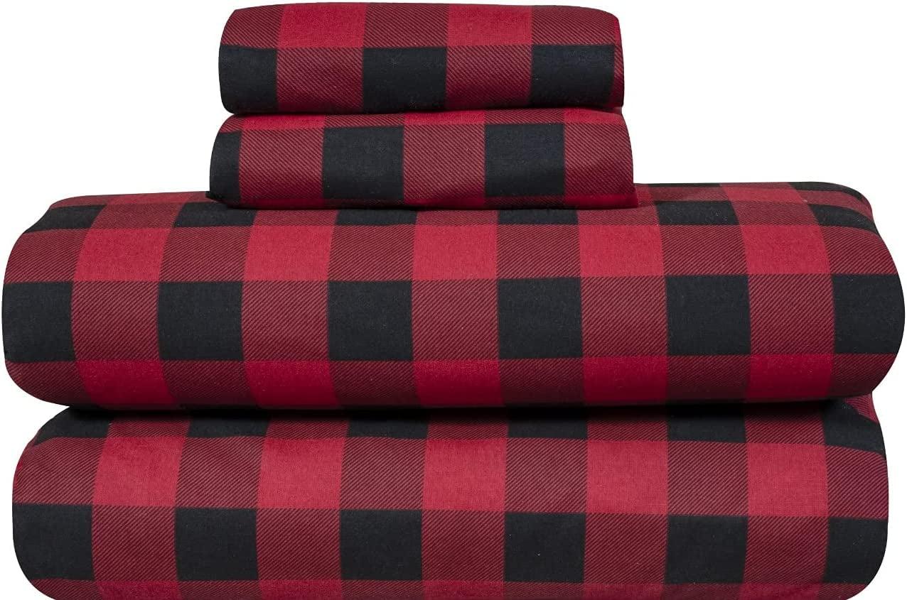 Bliss Casa 4 Piece 100% Cotton Flannel Sheet Set King - High GSM Deep Pockets, Warm Breathable Flannel Sheet Set. Flannel Bed Set Include Flat Sheet, Fitted Sheet & Pillowcases (Buffalo Check)