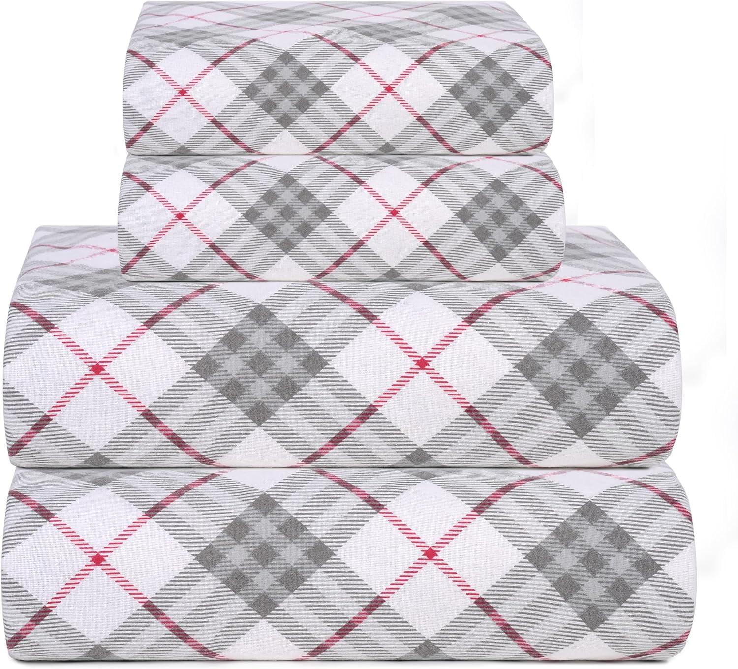 Queen Red Check Cotton Flannel Deep Pocket Sheet Set