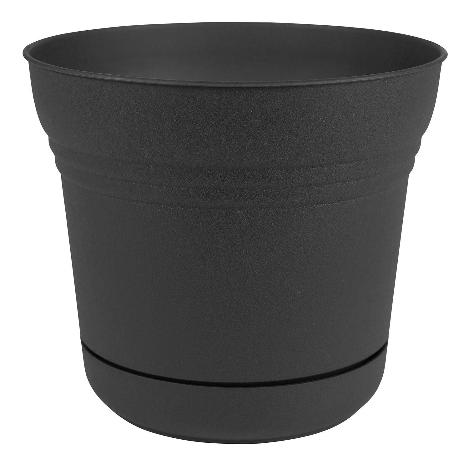 Saturn 14" Black Matte Durable Plastic Round Planter with Saucer Tray