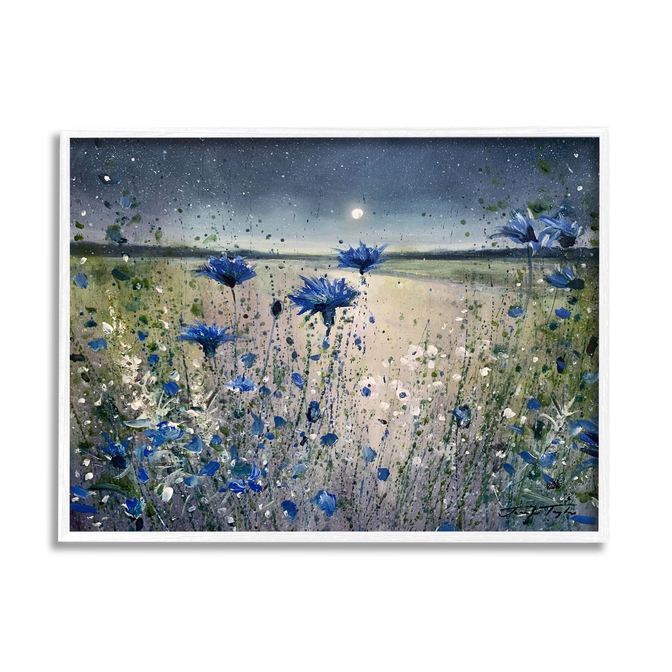 Stupell Industries Blooming Blue Flowers Night Moon Framed Giclee Art