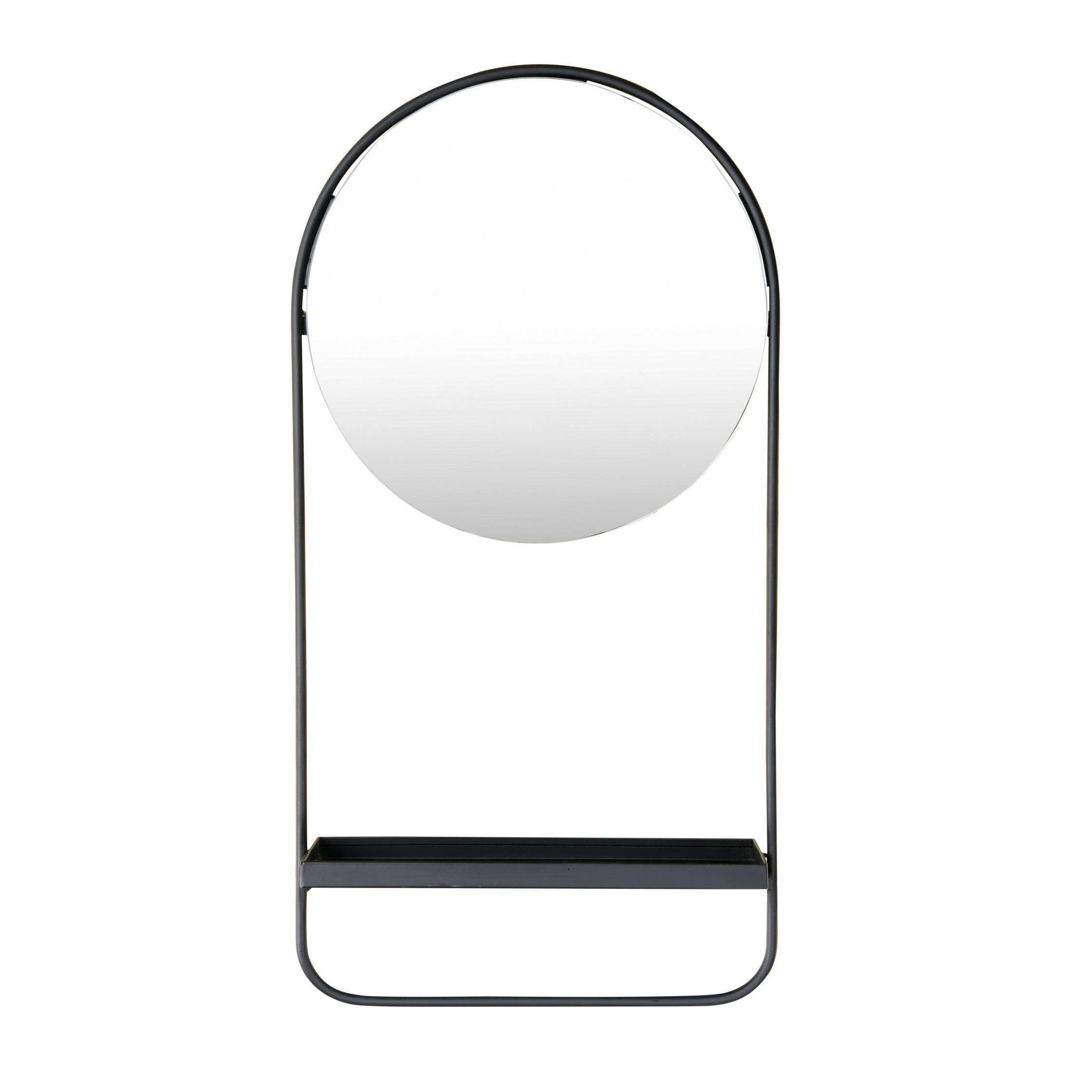 Black Round Metal Wall Mirror with Shelf, 23" Height