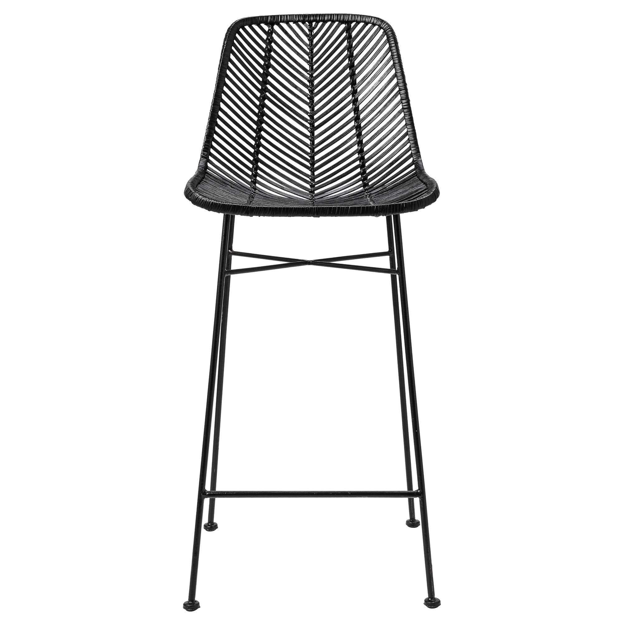 Tropical Chic Black Rattan and Metal High-Back Bar Stool