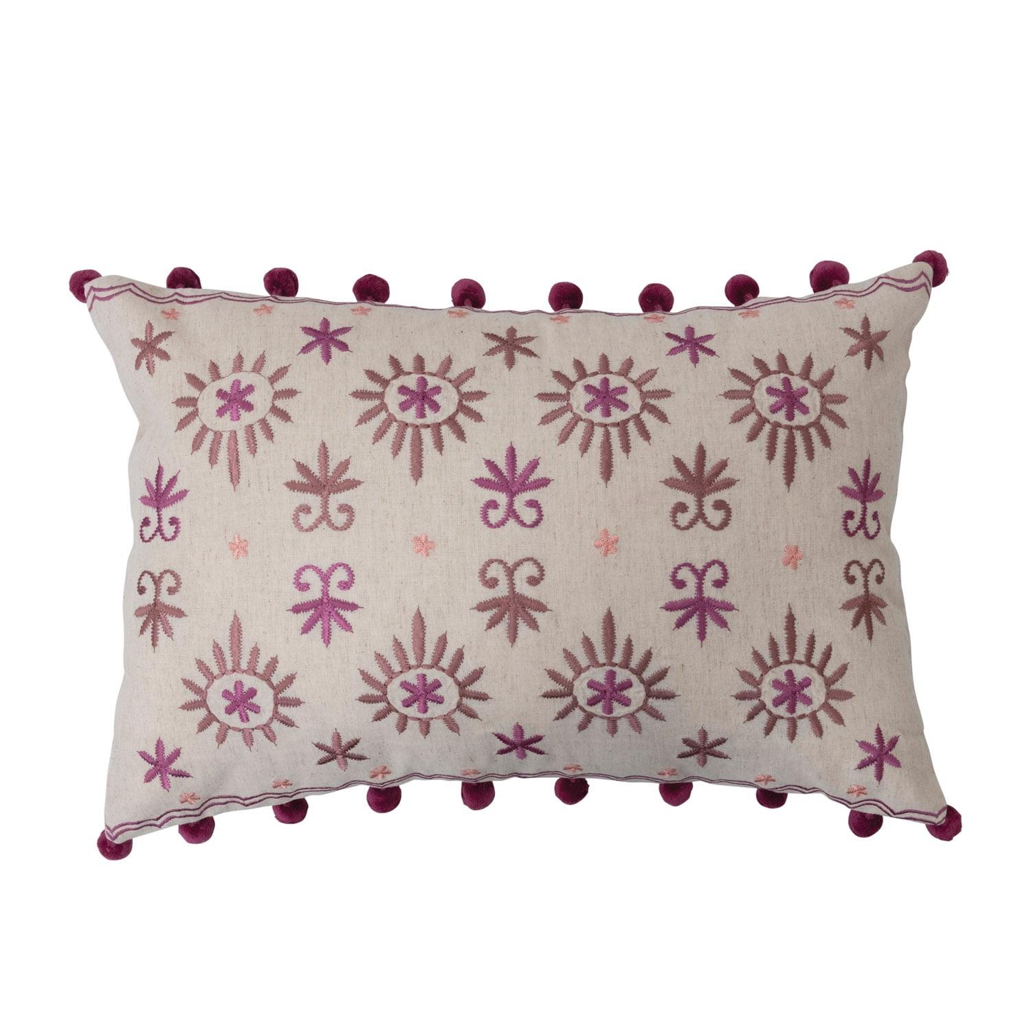 Scandinavian Embroidered Multicolor Cotton Linen Lumbar Pillow with Pom Poms, 20"x14"