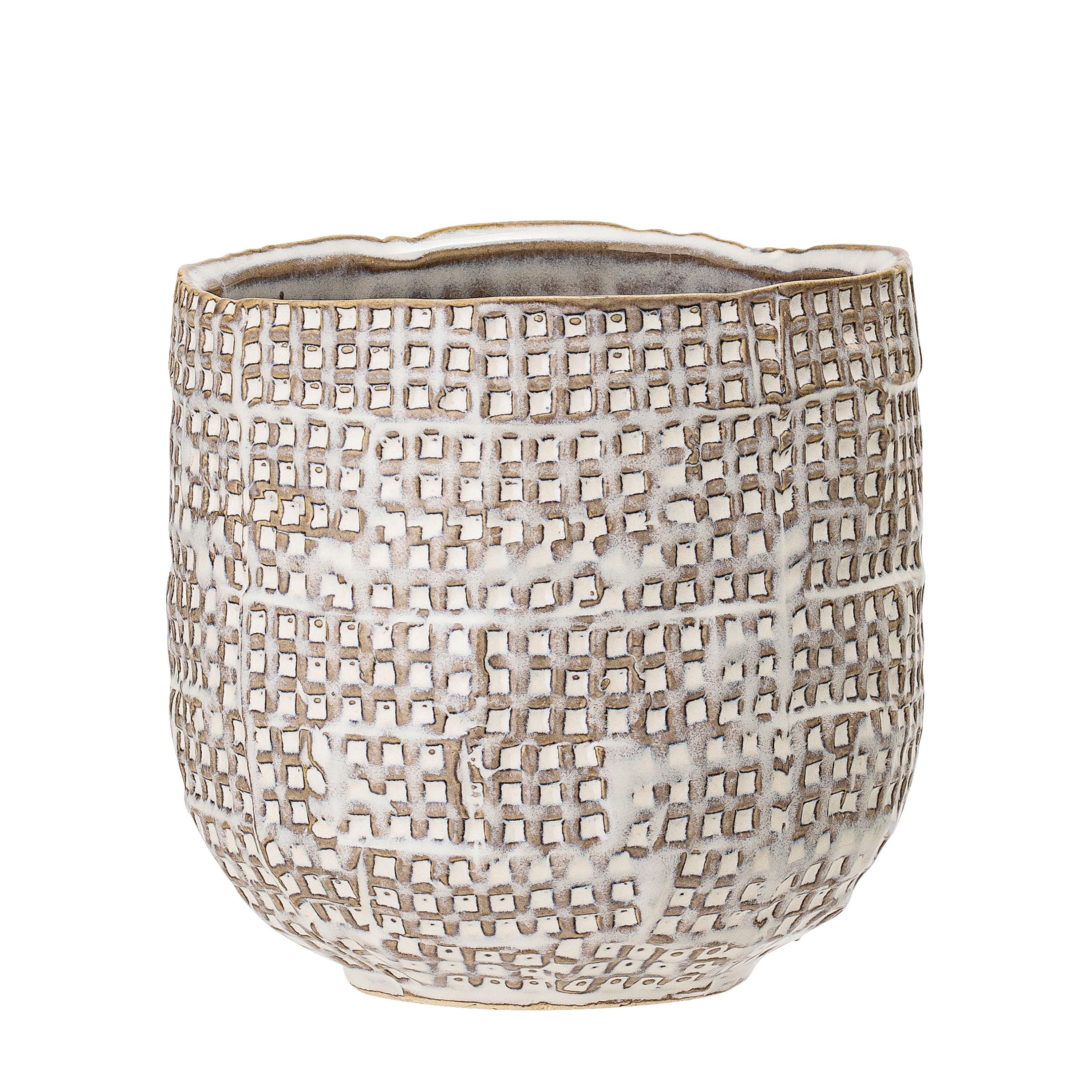 Distressed White Embossed Stoneware Planter with Woven Design