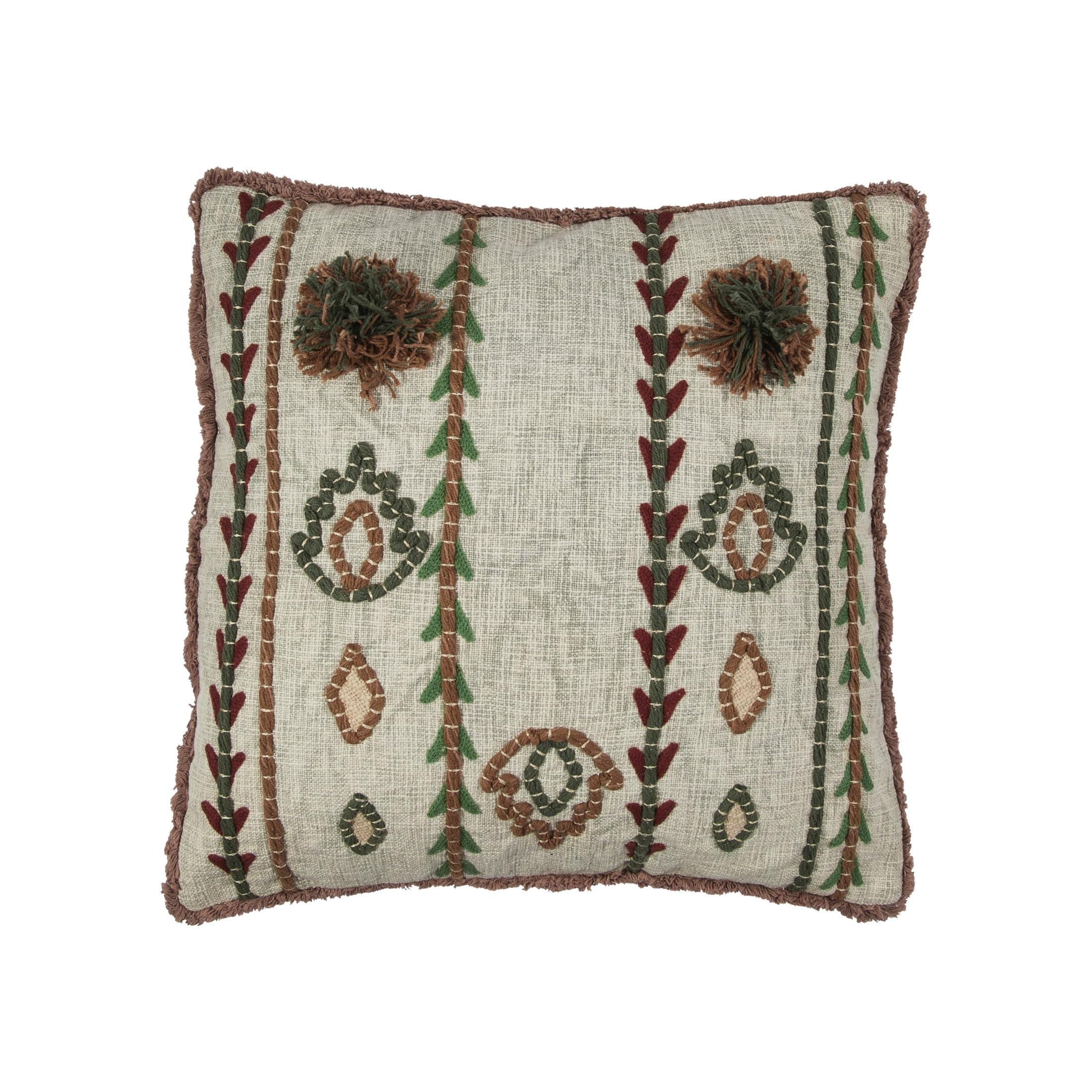 Multicolor Embroidered Cotton Throw Pillow with Fringe