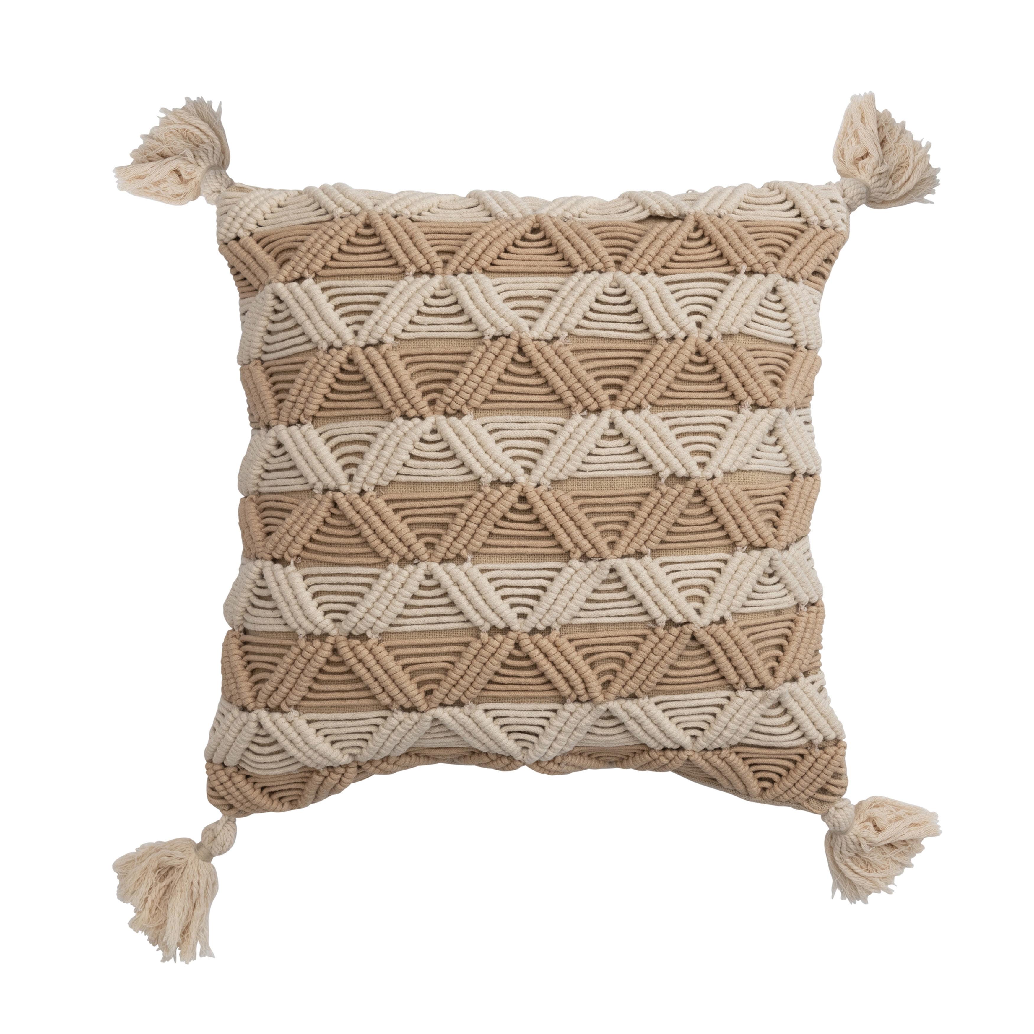 Hand-Woven Cotton Macrame Pillow with Tassels, 16" Brown and Cream