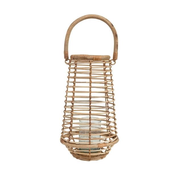 Bloomingville Handmade Rattan Tapered Lantern with Handle & Glass Insert, Natural (Holds 3" Pillar)