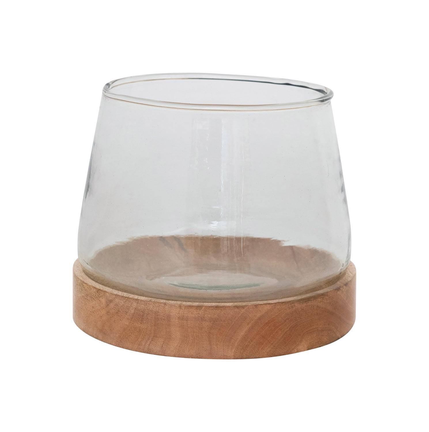 Sleek Glass Bowl Votive Holder with Mango Wood Base