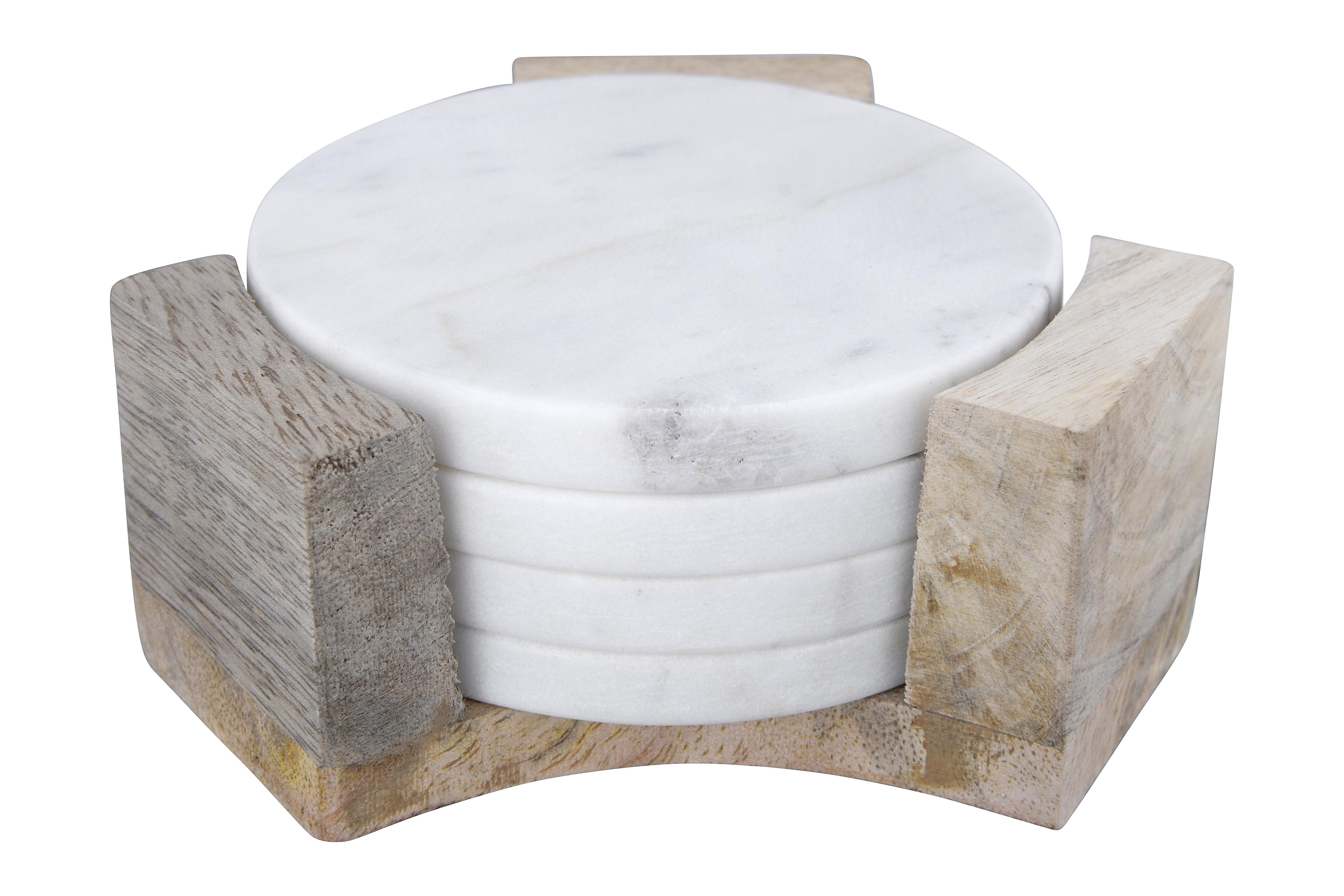 White Marble Round Coasters with Mango Wood Holder, Set of 5