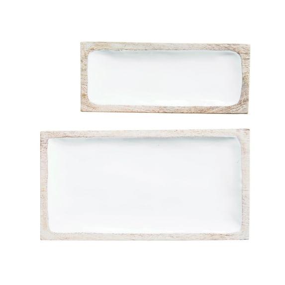 Set of 2 Enameled Mango Wood Trays White - Storied Home: Basket Design, Nightstand Accessory, Rustic Charm