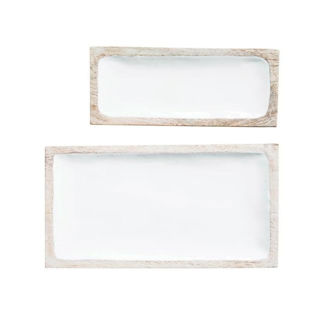 Set of 2 Enameled Mango Wood Trays White - Storied Home: Basket Design, Nightstand Accessory, Rustic Charm