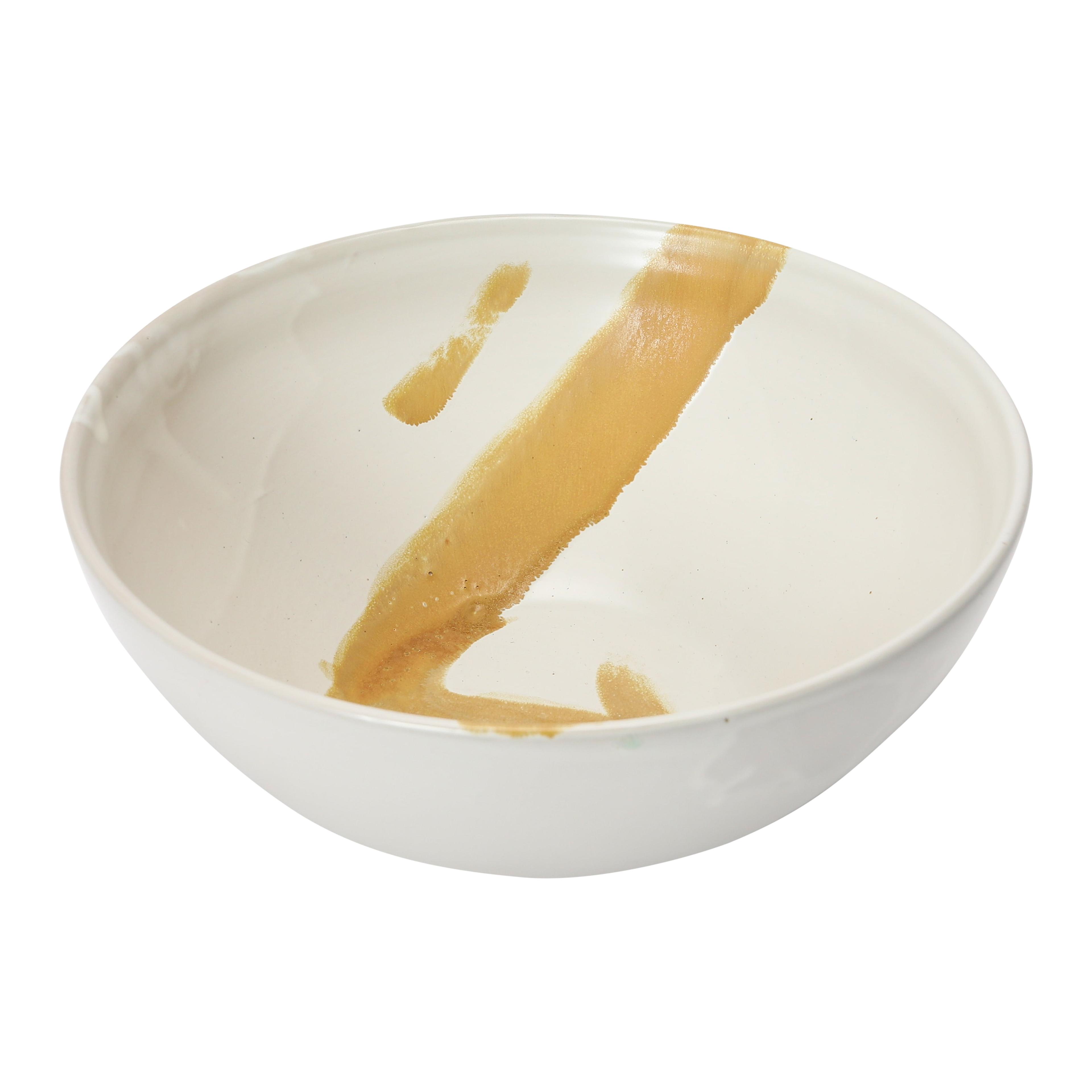 Cream and Brown Stoneware Serving Bowl with Reactive Glaze