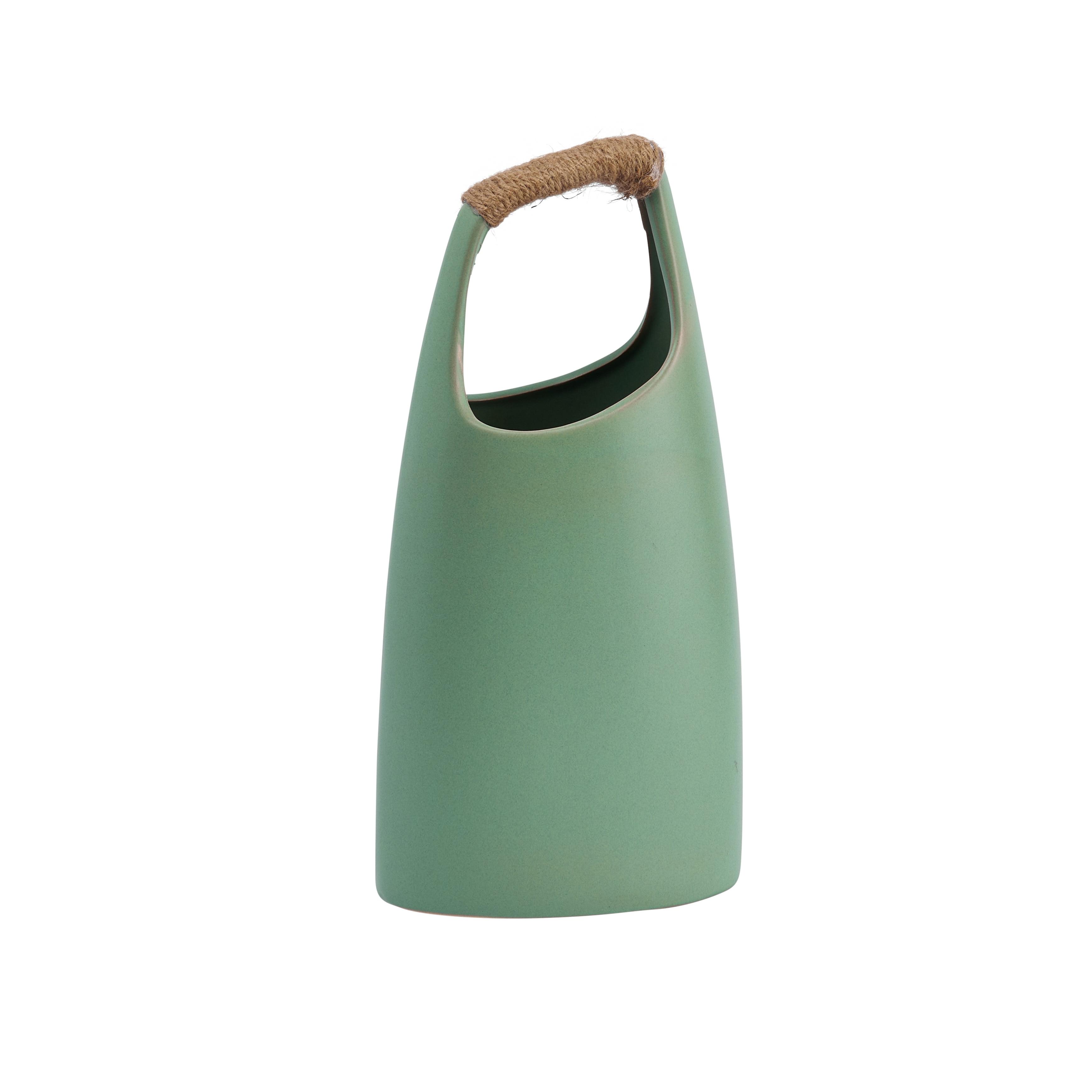 Scandinavian Mint Green Ceramic Vase with Rattan Handle, 13.25" H