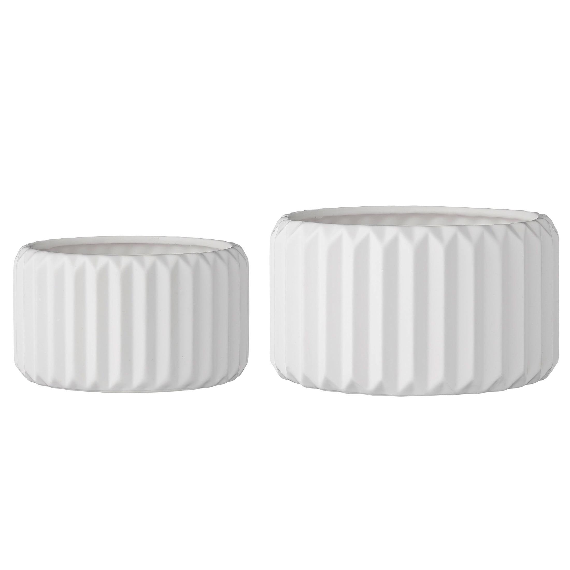 White Fluted Stoneware Indoor/Outdoor Flower Pots, Set of 2