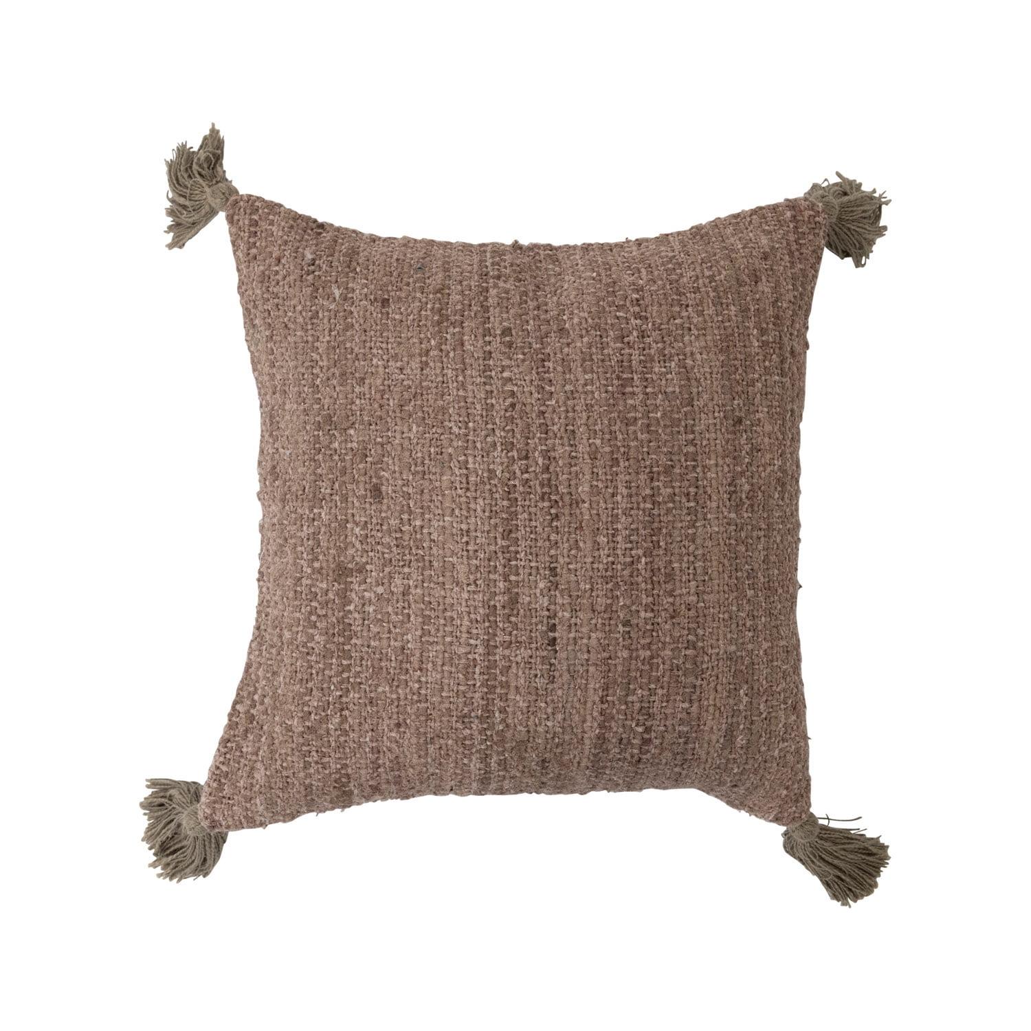 Brown Woven Cotton Square Pillow with Tassels