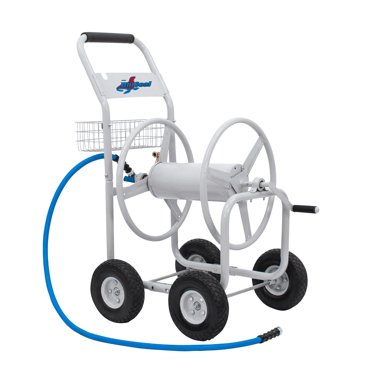 Heavy-Duty Gray Metal Hose Reel Cart with Ergonomic Handle