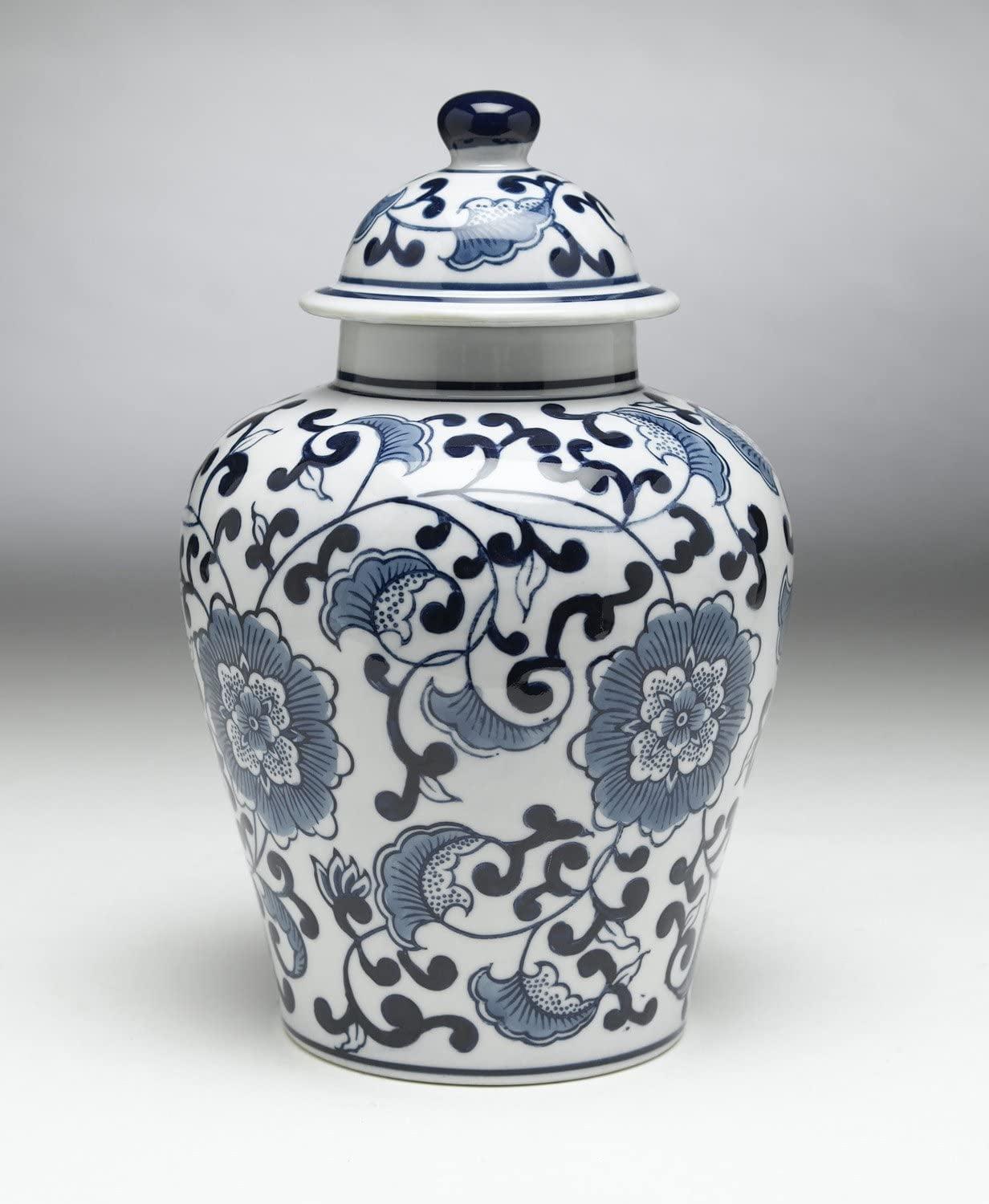 Blue and White Floral Porcelain Ginger Jar with Lid