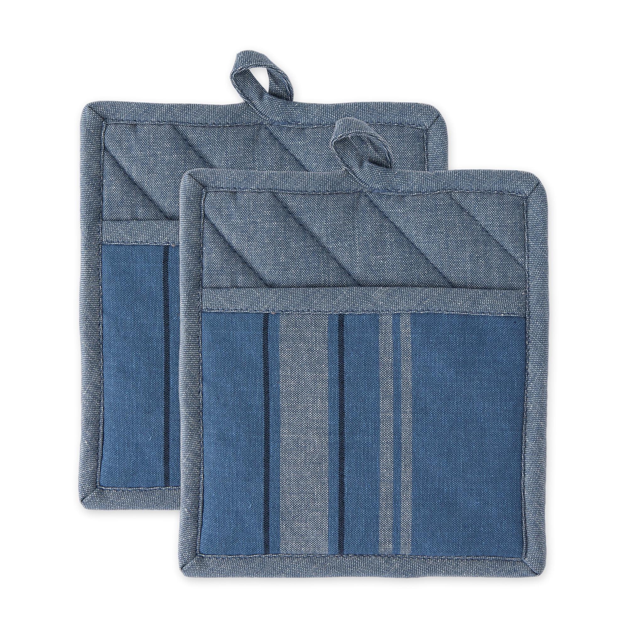 Chambray Blue Cotton French Stripe Potholder Set