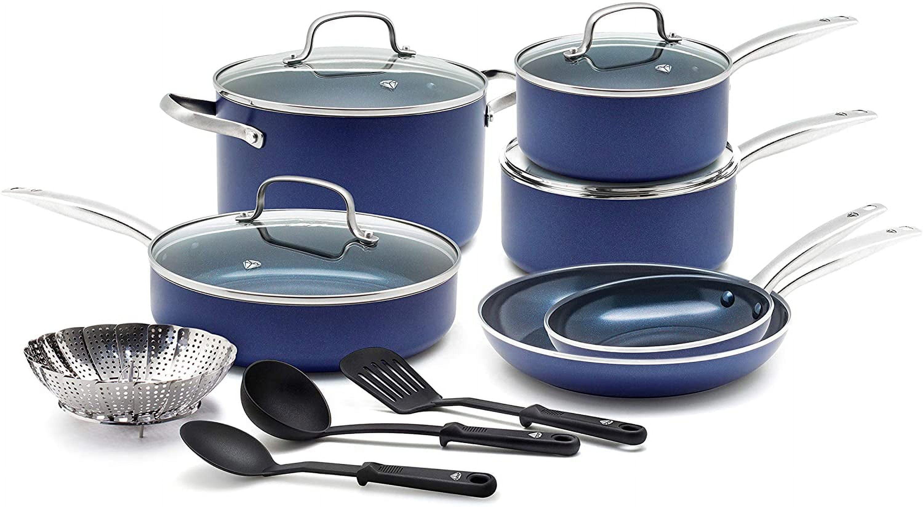 14 Piece Blue Diamond-Infused Nonstick Cookware Set with Glass Lids