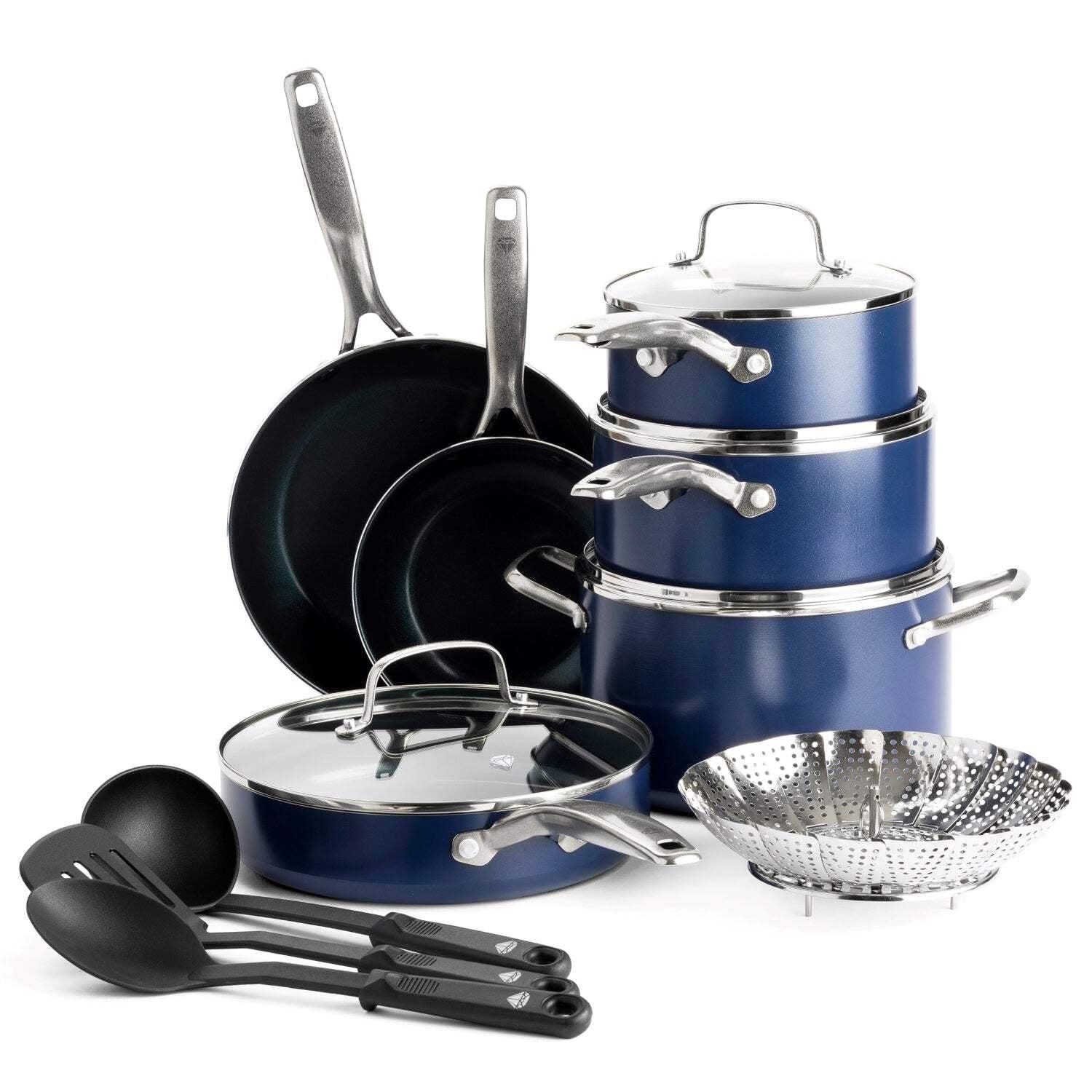 14 Piece Blue Cookware Set - Diamond-Infused Nonstick, Oven Safe, Durable & Toxin-Free