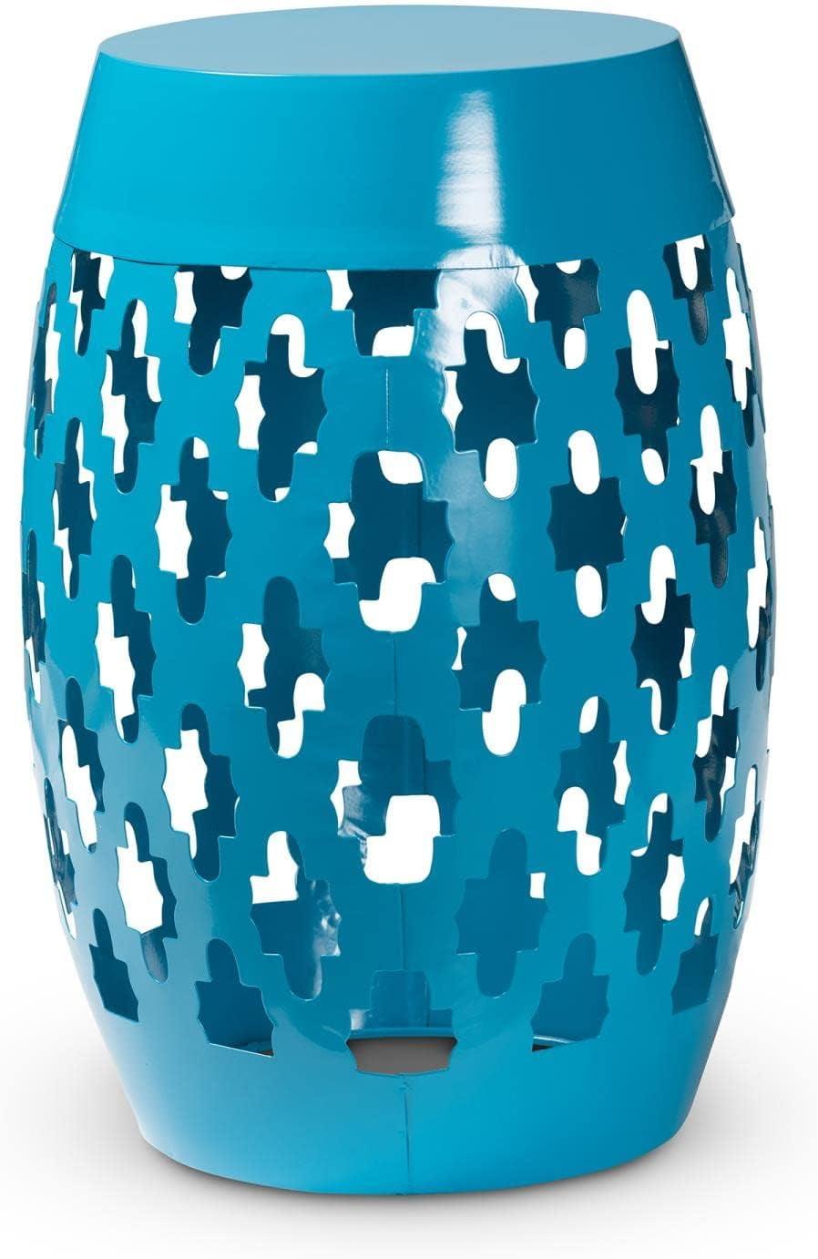 Blue Geometric Cut-Out Metal Barrel Side Table