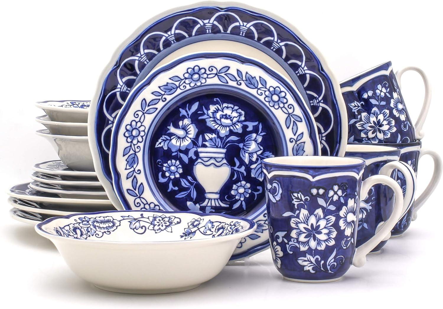 Sophisticated Blue Garden 16-Piece White Ceramic Dinnerware Set