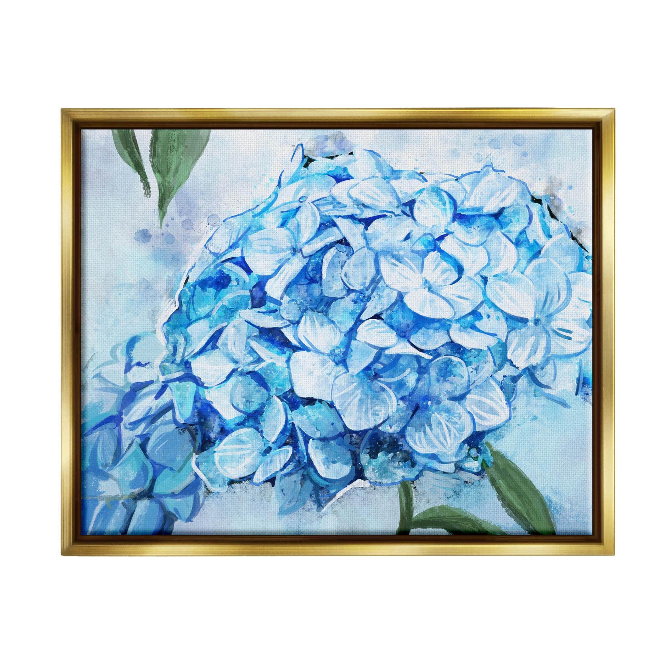 Blue Hydrangea Blossom Leaves Canvas Art with Gold Frame