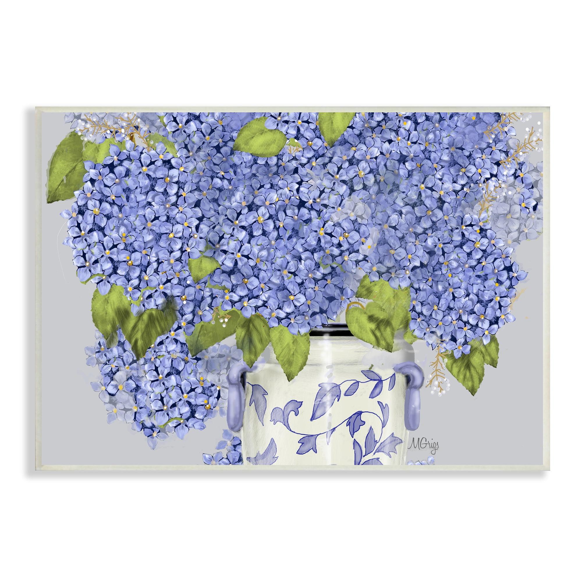 Blue Hydrangea Bunches Ornate Patterned Vase Wood Wall Art