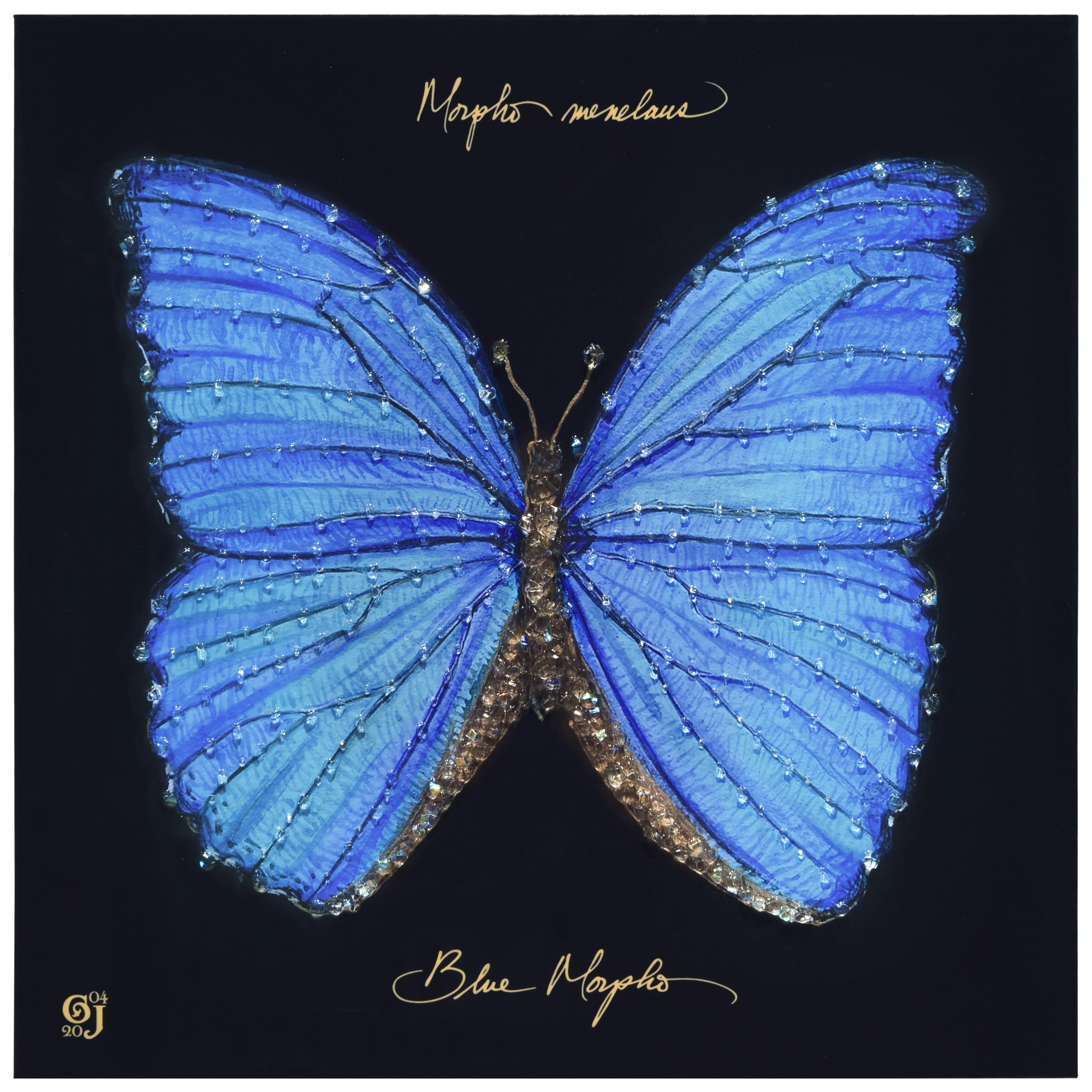 "Blue Monarch Elegance" Crystallus Epoxy Coated Wrapped Glossy Butterfly Canvas Wall Art with Heavy Acrylic Crystal Shards Embellishments