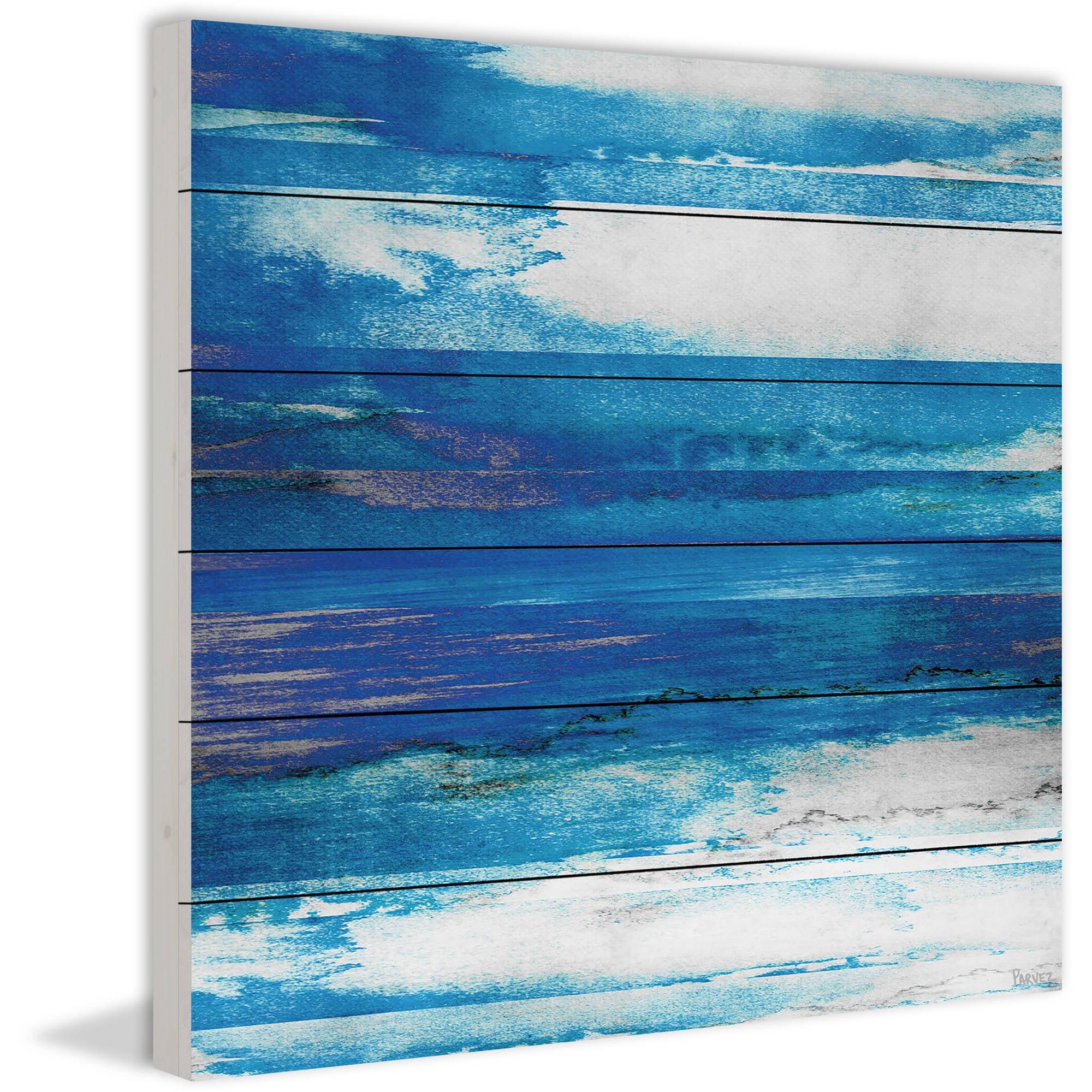 "Blue Painted Ocean" Painting Print on White Wood