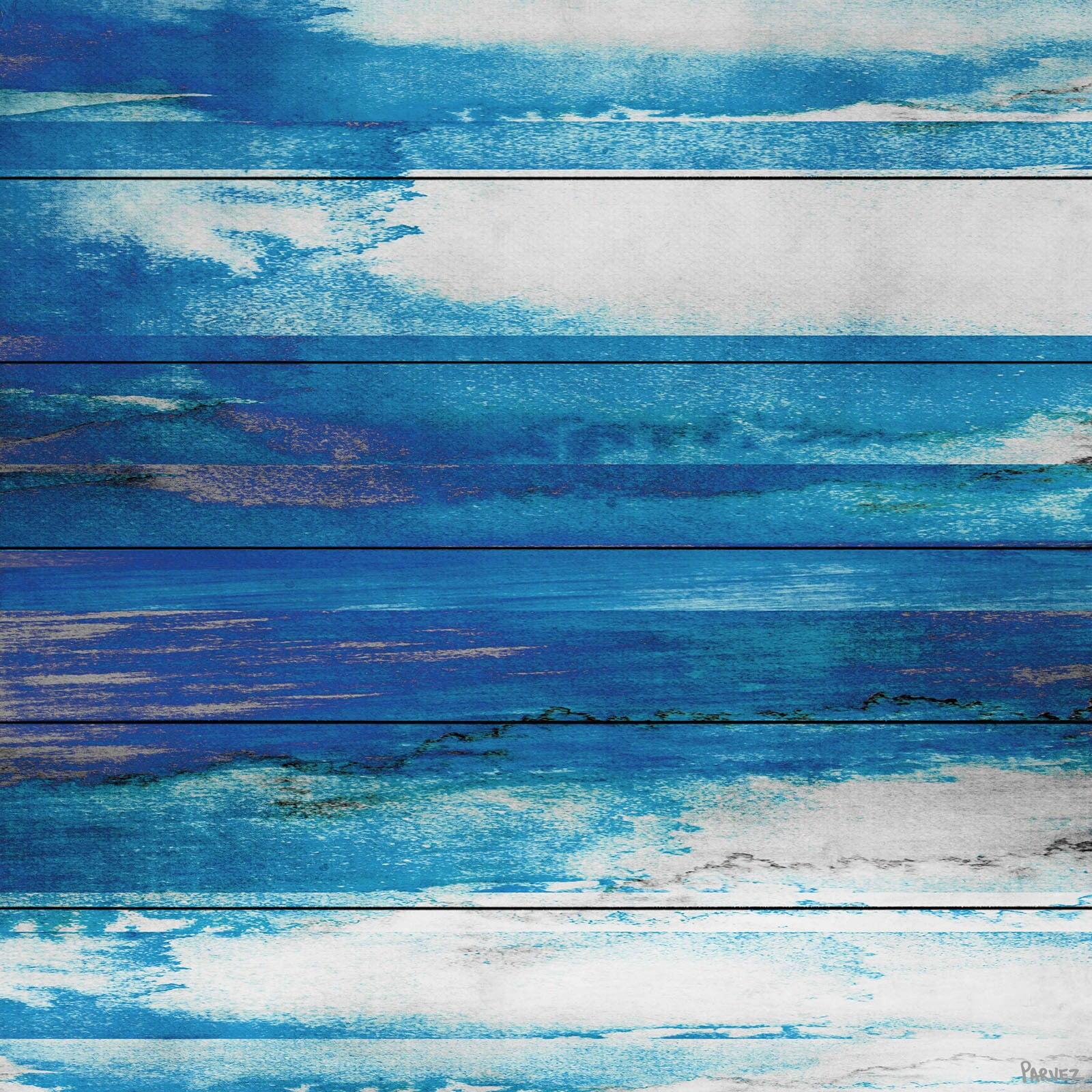 "Blue Painted Ocean" Painting Print on White Wood