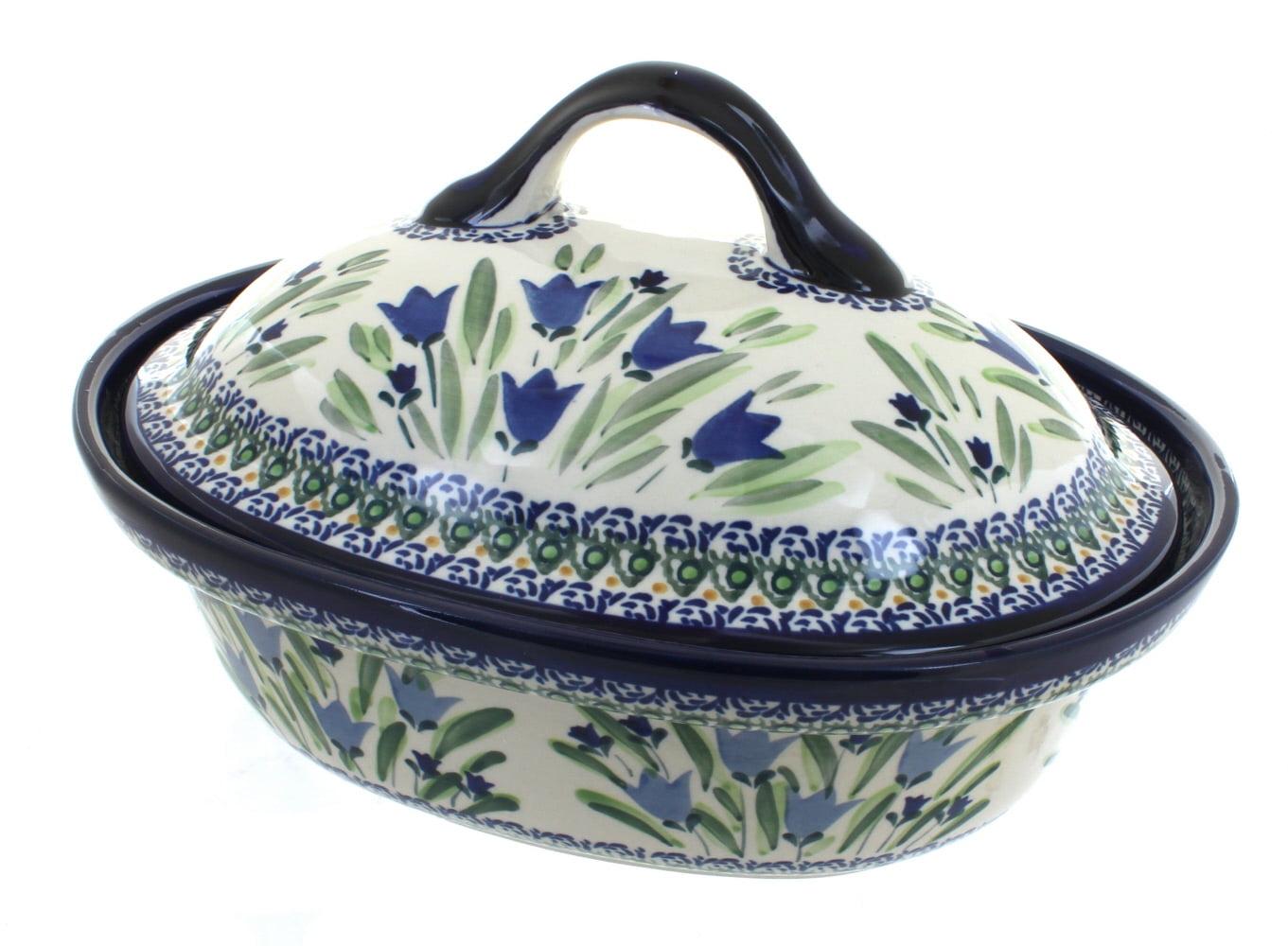 Handcrafted Blue Tulip Ceramic Covered Roaster