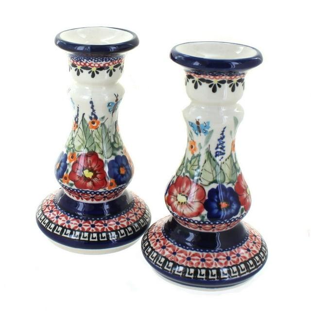 Blue Rose Polish Pottery Floral Butterfly Candle Stick Pair