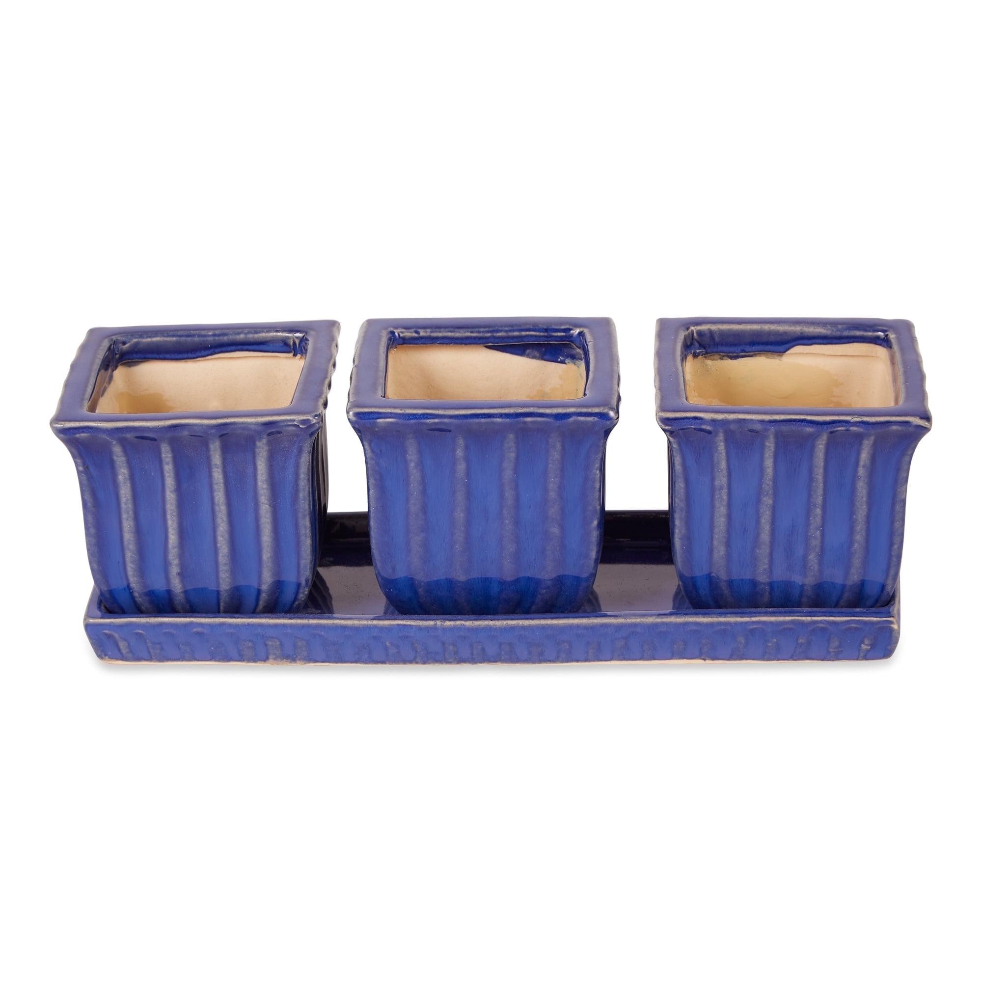 Blue Ceramic Herb Planter Set with Saucer, 12x4x4, 3 Square Pots