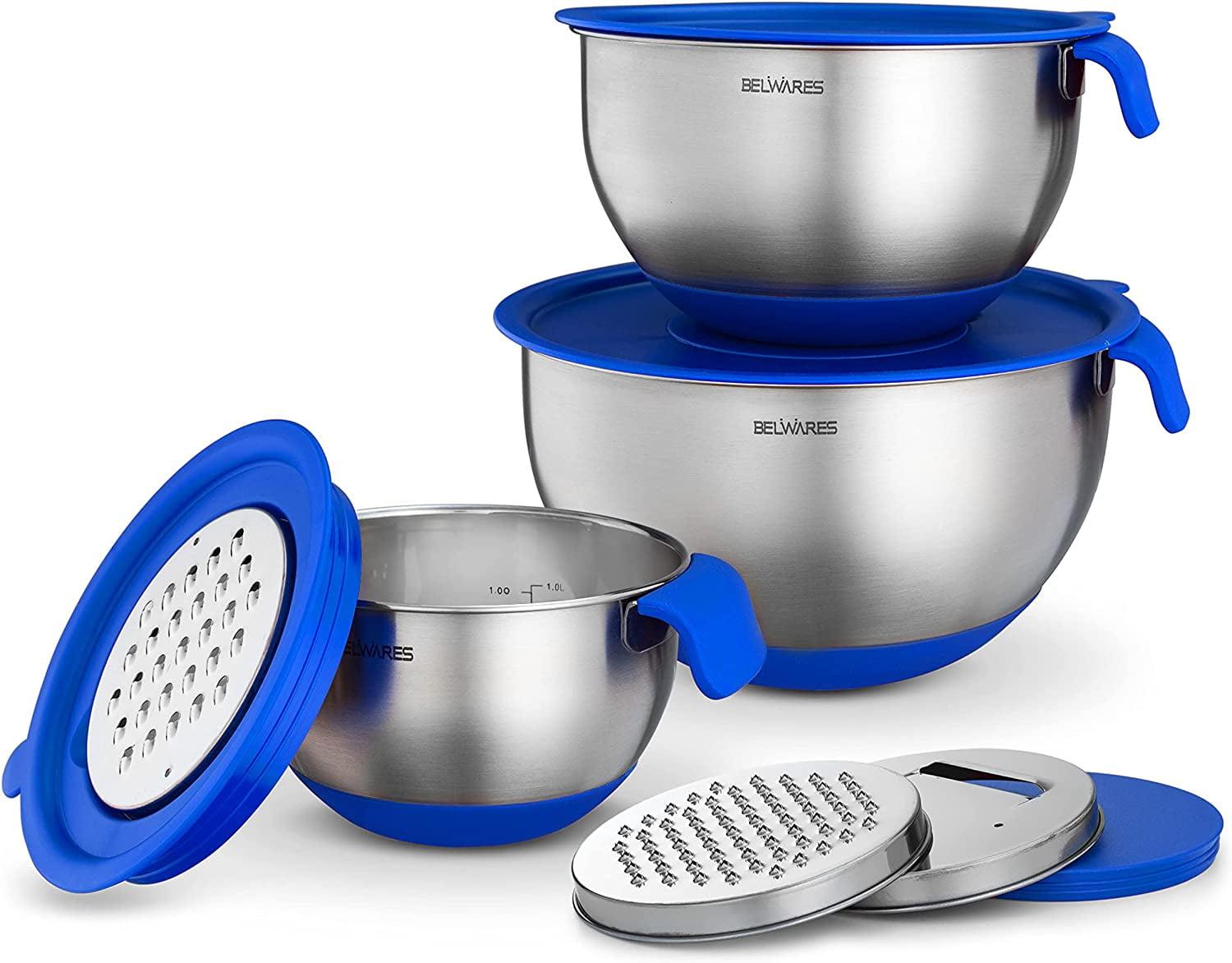 Blue Stainless Steel Mixing Bowl Set with Lids and Graters