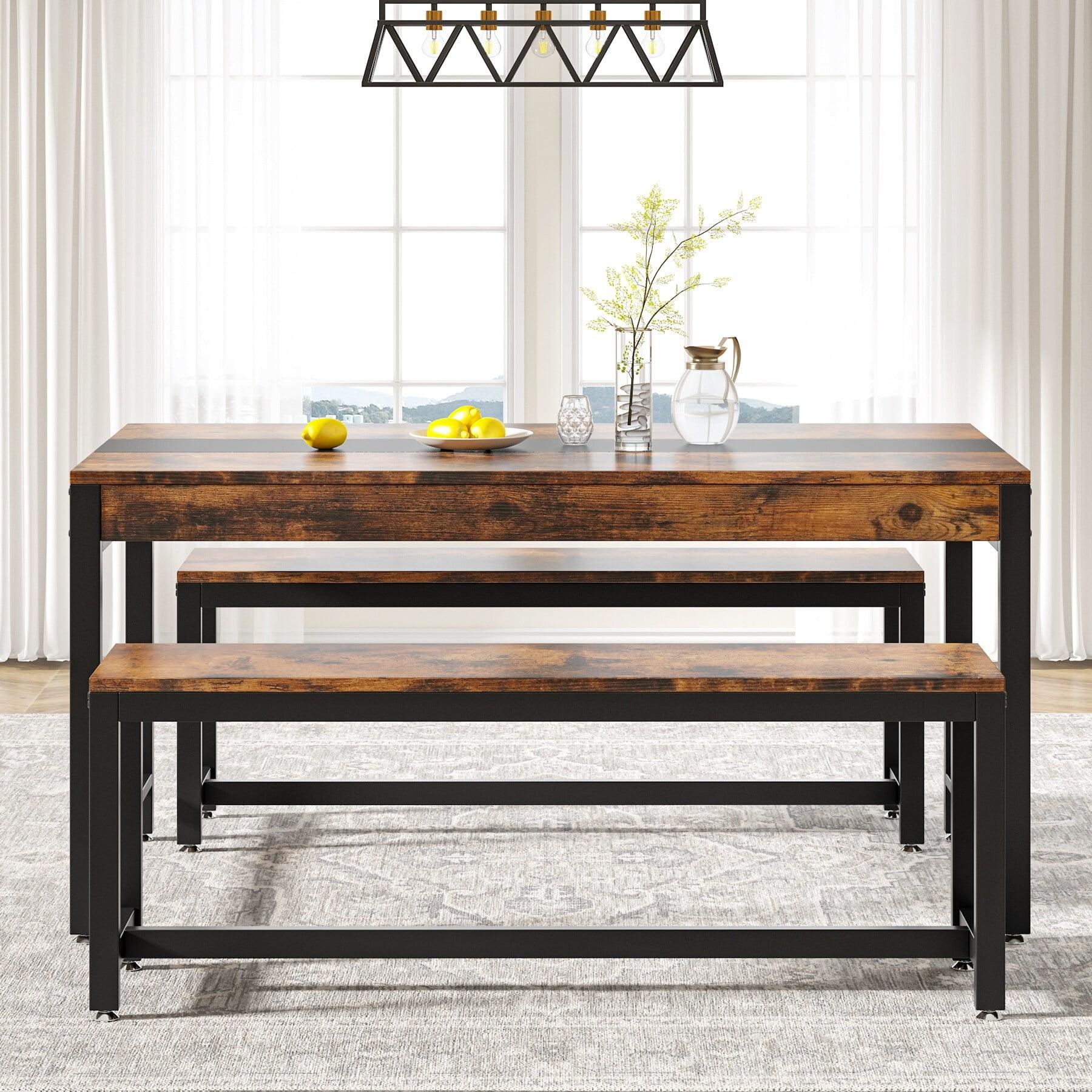 Bluebell Brown Industrial Dining Table Set with Benches and Drawer