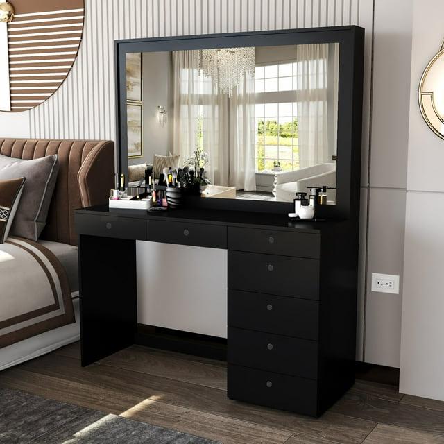 Boahaus LLC Boahaus Joan Large Modern Makeup Vanity Table with Big Mirror, 7 Drawers and Power Outlet