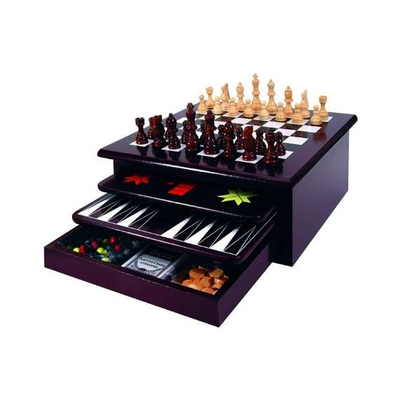 Board Game Set - Deluxe 15 in 1 Tabletop Wood-accented Game Center with Storage Drawer (Checkers, Chess, Chinese Checkers, Parcheesi, TicTacToe, SOlitaire, Snakes and Ladders, Mancala, Backgammon, Po