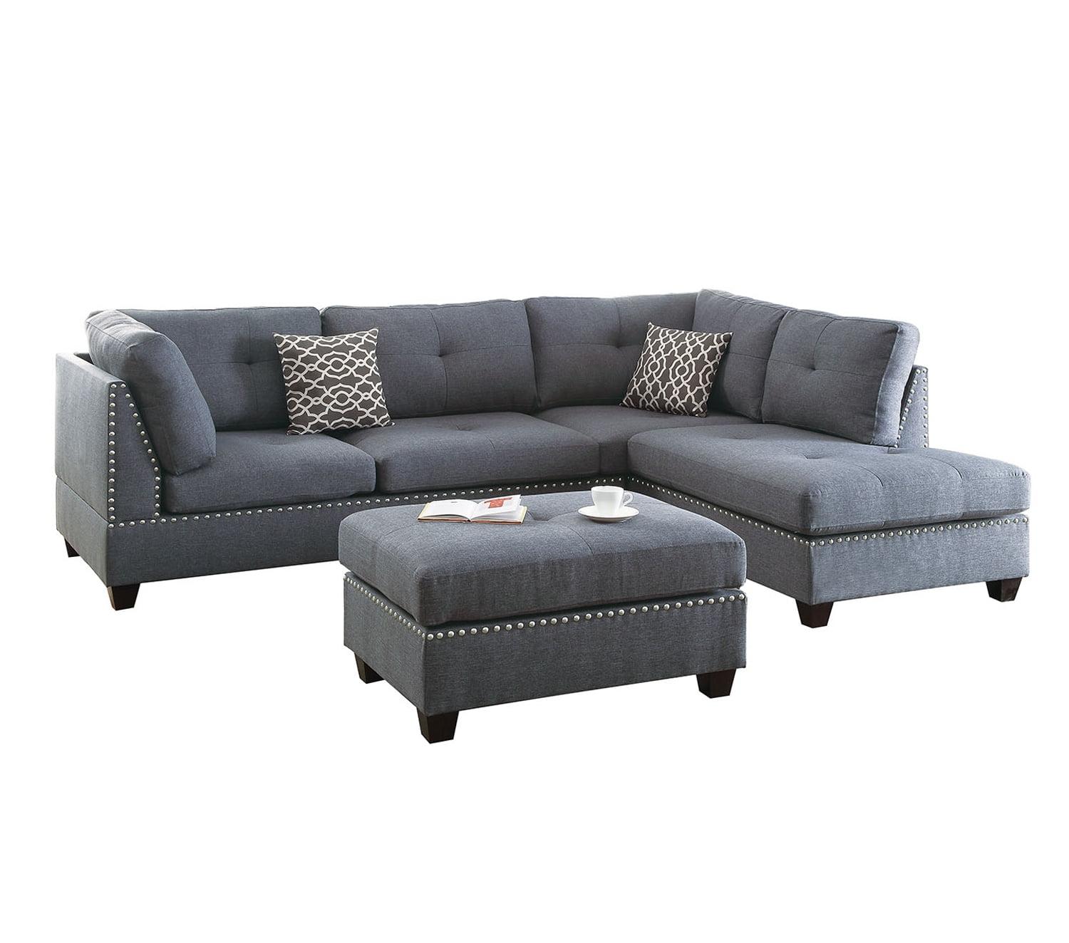 Gray Tufted Faux Leather Sectional Sofa with Ottoman