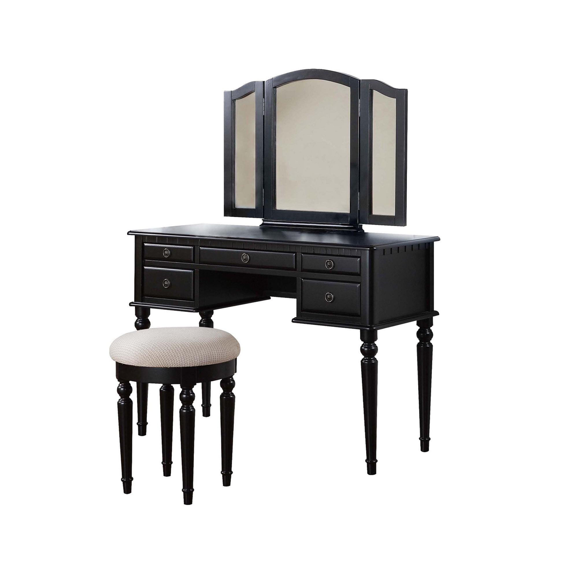 Bobkona St. Croix 3 Fold Mirror Vanity Table with Stool Set, Black