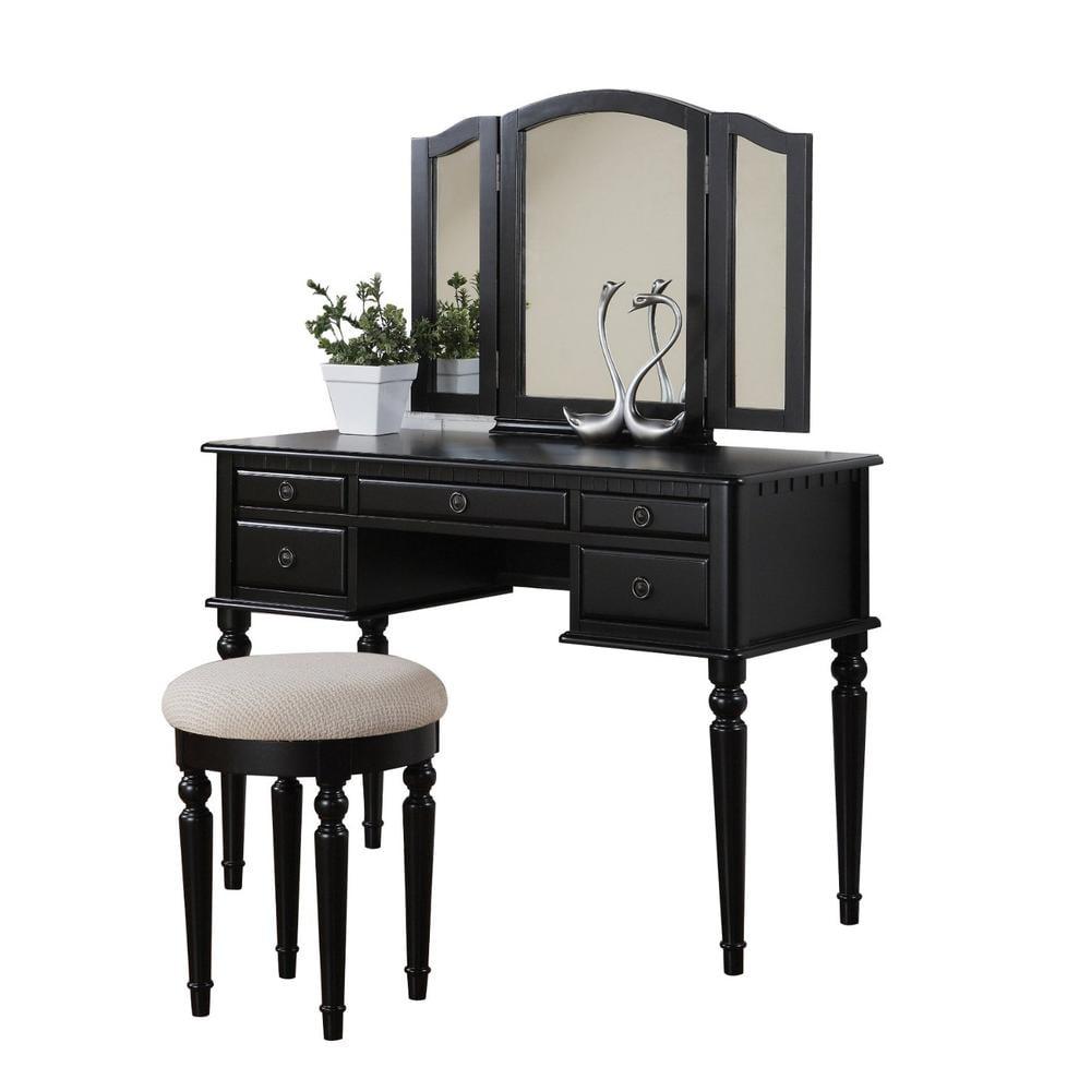 Bobkona St. Croix 3 Fold Mirror Vanity Table with Stool Set, Black