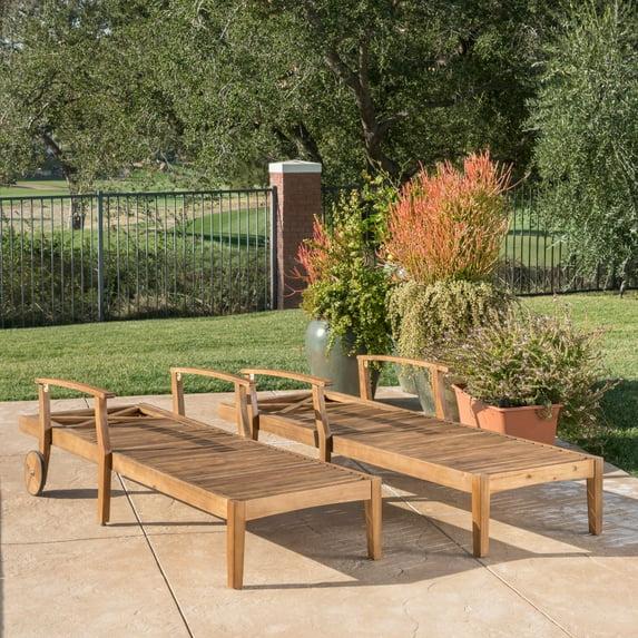 GDFStudio Abena Outdoor Acacia Wood Adjustable Chaise Lounge with Wheels (Set of 2), Teak