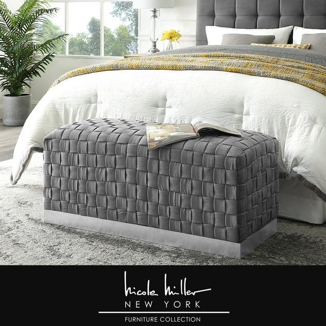 Boe Grey/Chrome Velvet Bench - Intricate Woven Pattern, Chrome Stainless Steel Base