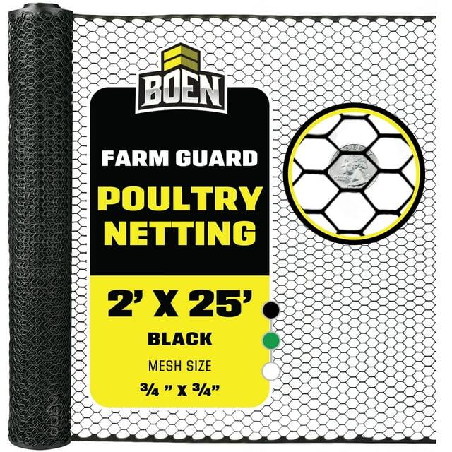 Boen - Plastic Hex Chicken Wire Mesh Temporary Fence Roll (2' x 25' - Black) - Plastic Fence Poultry Netting for Temporary or Semi Permanent Enclosures, Deer Netting Fence, Construction Fencing