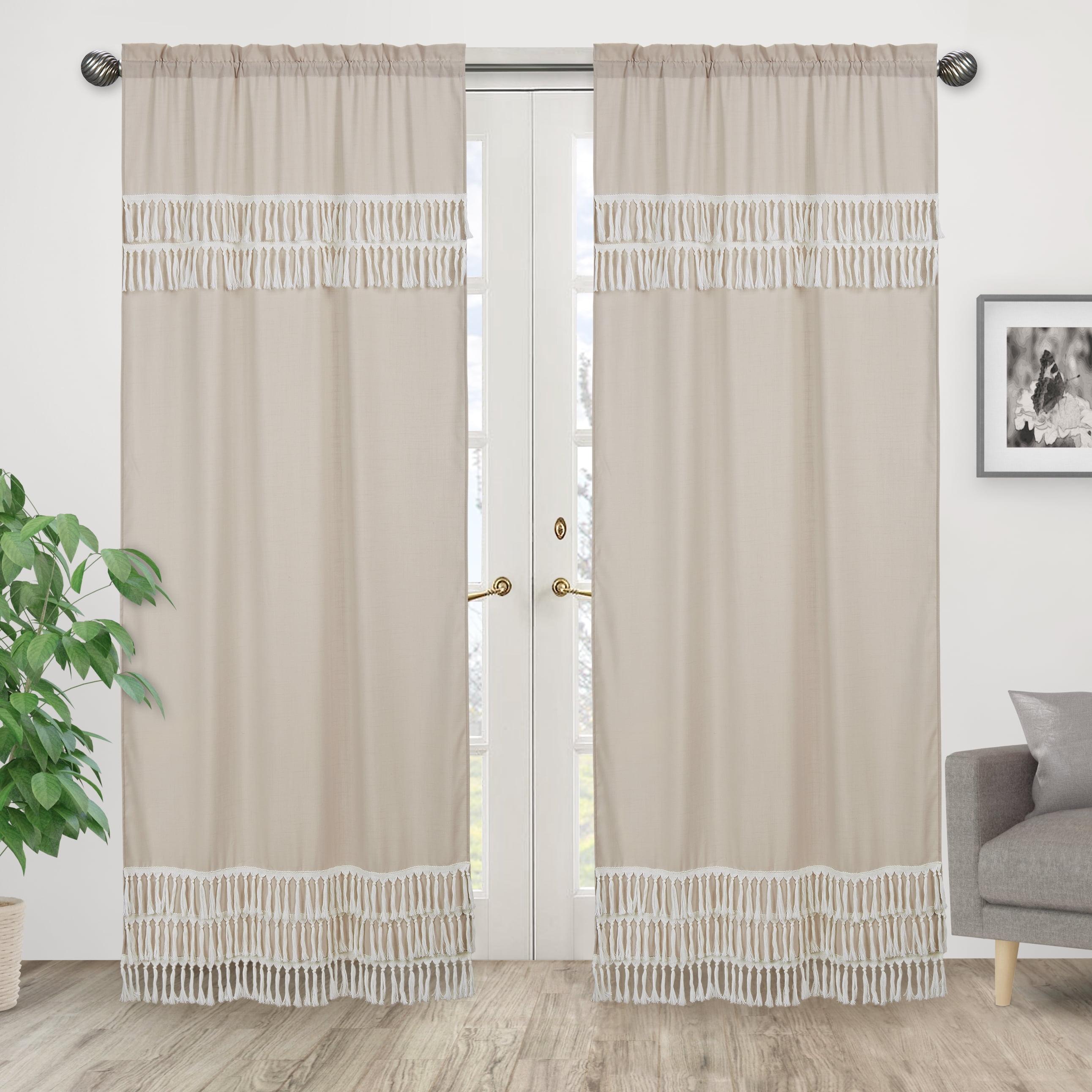 Boho Botanical Leaf Beige Linen Sheer Rod Pocket Curtains