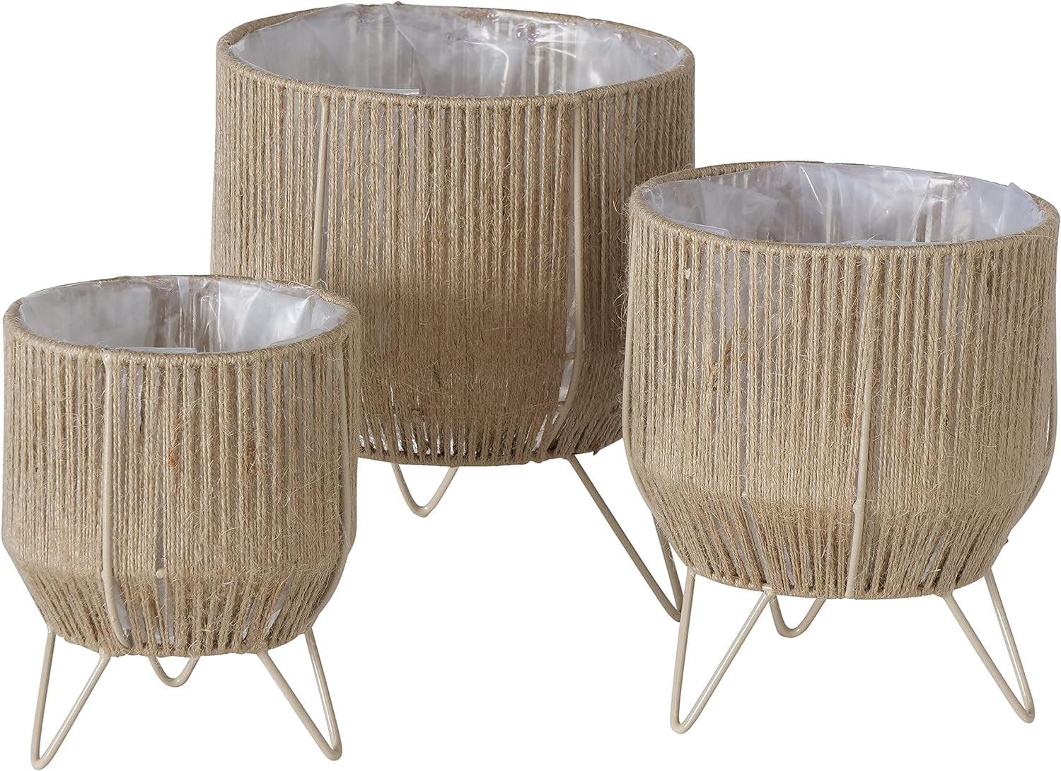 Boho Chic 3 Piece Rope Wrapped Planter Set, Natural Woven Jute, Beige Iron Framework, Plastic Lined, 6, 7 and 8 Inches, Hand Made