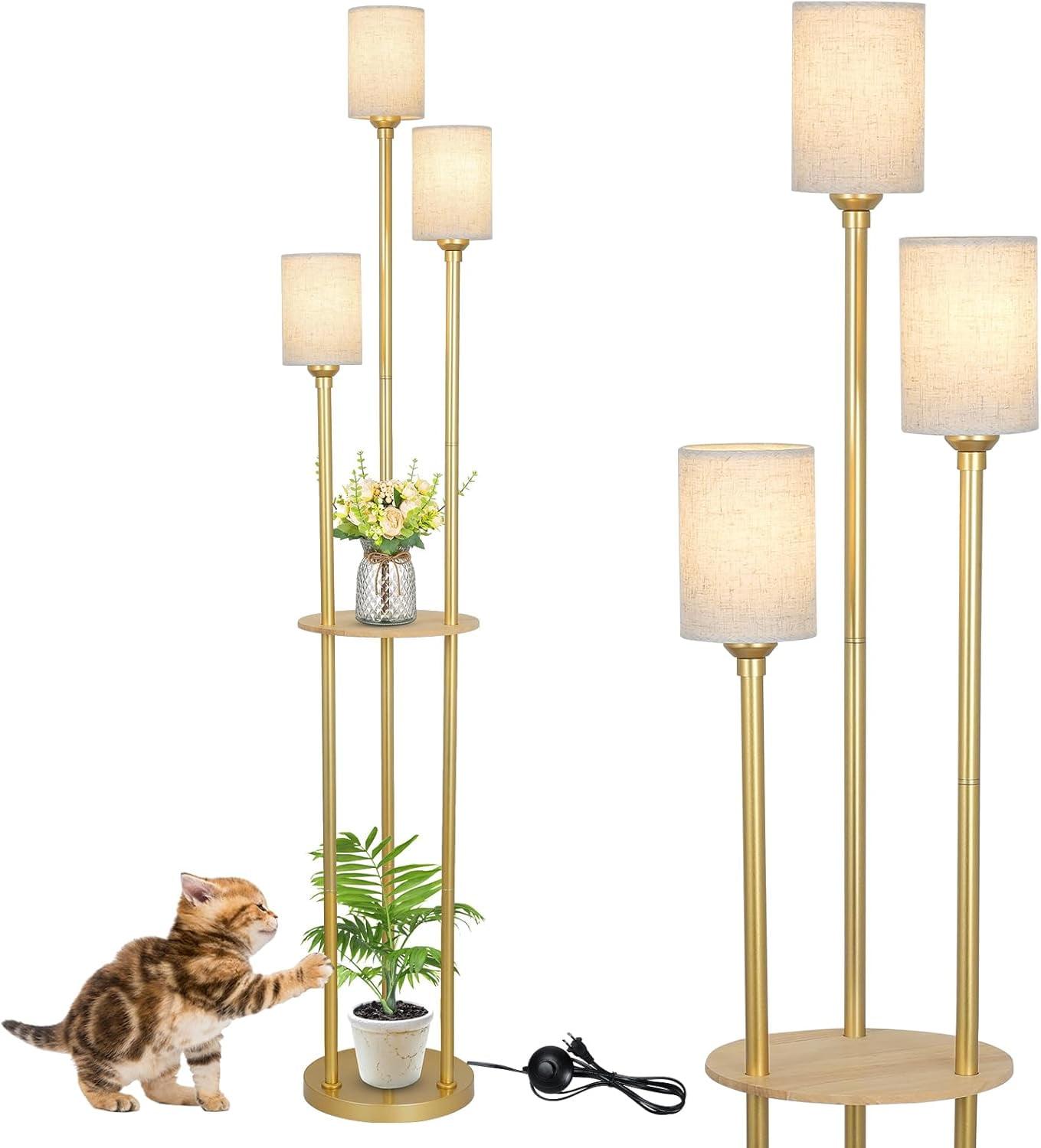 Floor Lamps for Living Room, 3-Lights Modern Floor Lamp with Shelves, Gold Standing Lamp with Fabric Shade and Foot Switch, Shelf Standing Lamps with Table, Tall Table Lamps for Bedroom Office