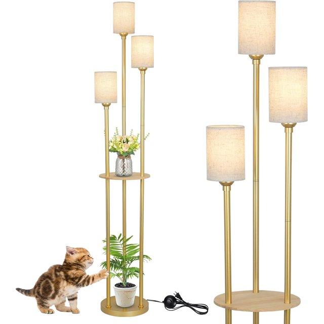 Floor Lamps for Living Room, 3-Lights Modern Floor Lamp with Shelves, Gold Standing Lamp with Fabric Shade and Foot Switch, Shelf Standing Lamps with Table, Tall Table Lamps for Bedroom Office
